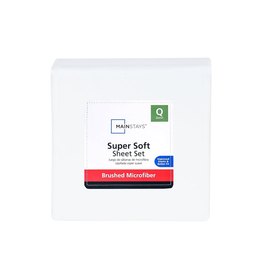 Mainstays Super Soft Brushed Microfiber Bed Sheet Set, Arctic White, Queen, 4 Piece