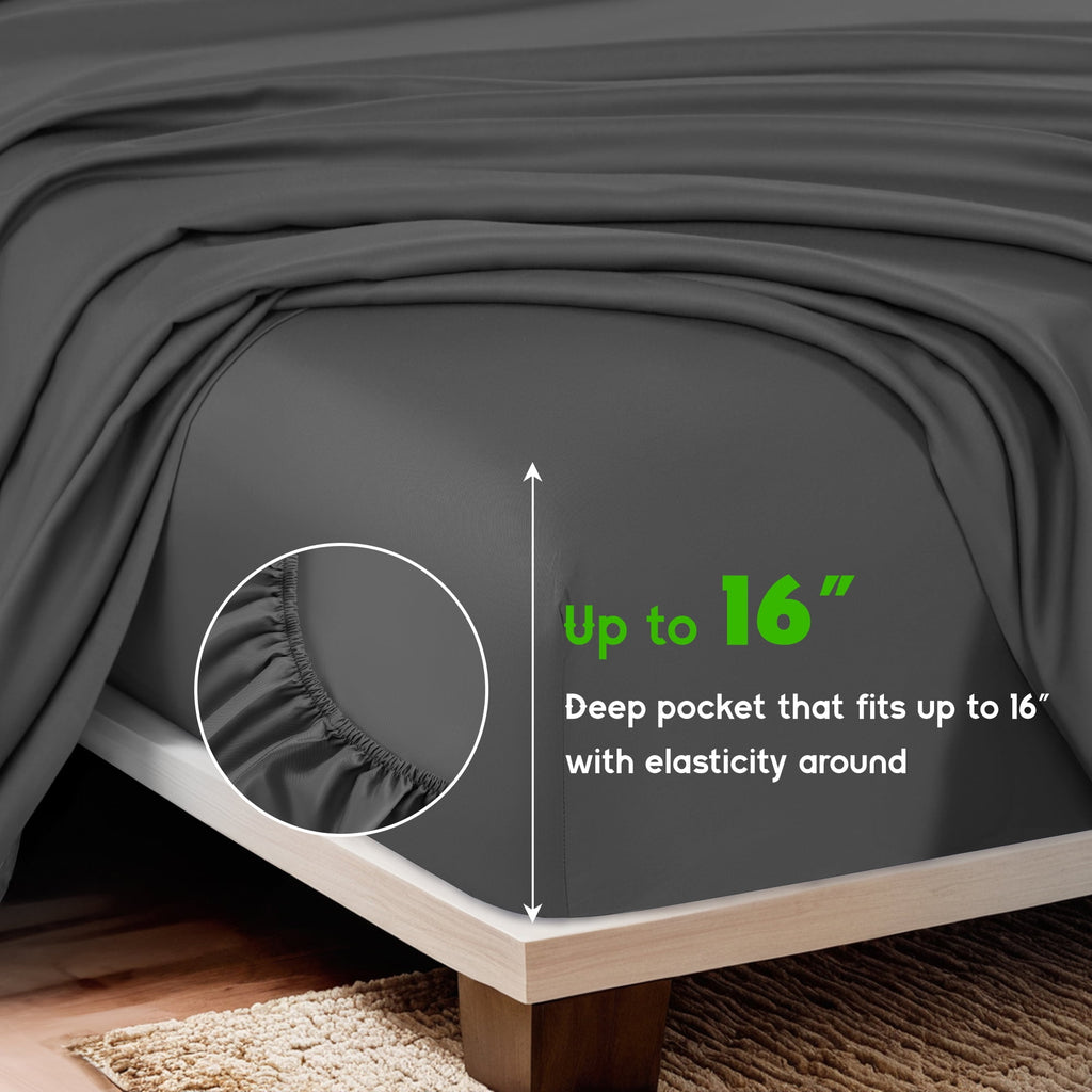 Sonoro Kate Luxury Bamboo Bed Sheet Set - Deep Pockets - 4 Piece, Queen, Dark Gray