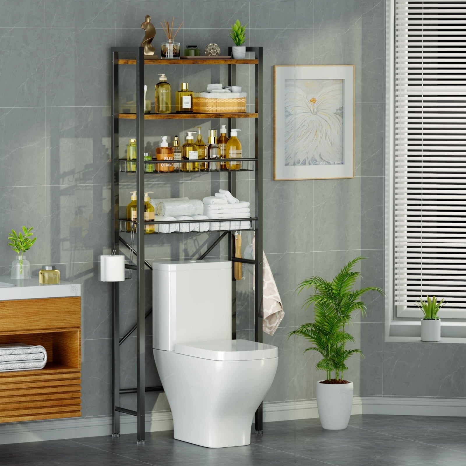 Capri Over The Toilet Storage Shelf, 4-Tier Freestanding Bathroom Organizers and Storage, above Toilet Space Saver Rack with Adjustable Shelves, Toilet Paper Holder and 9-Hooks, Rustic Brown