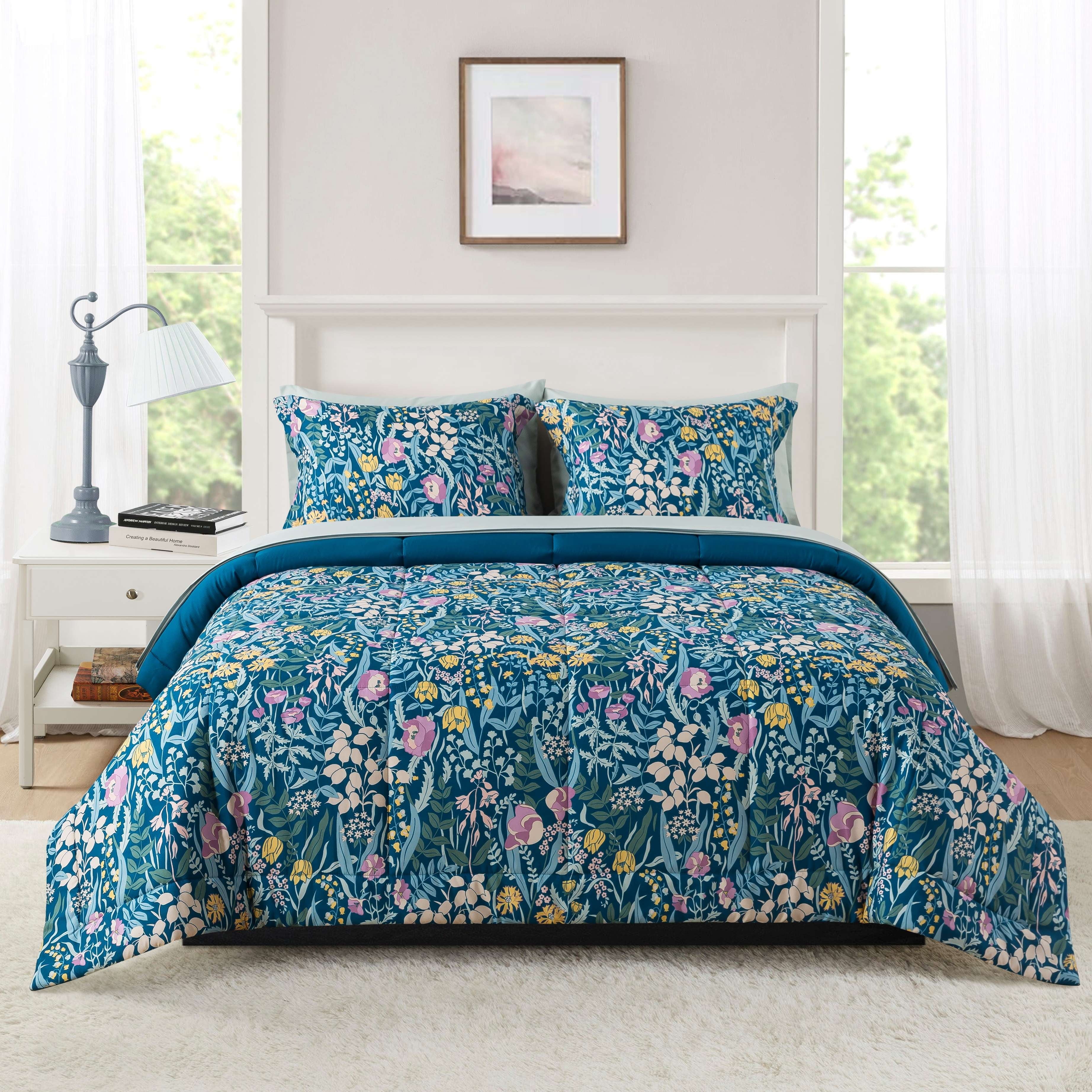 Mainstays All in One Reversible Comforter and Sheet Set- 7 Piece, Queen, Blue Pinstripe