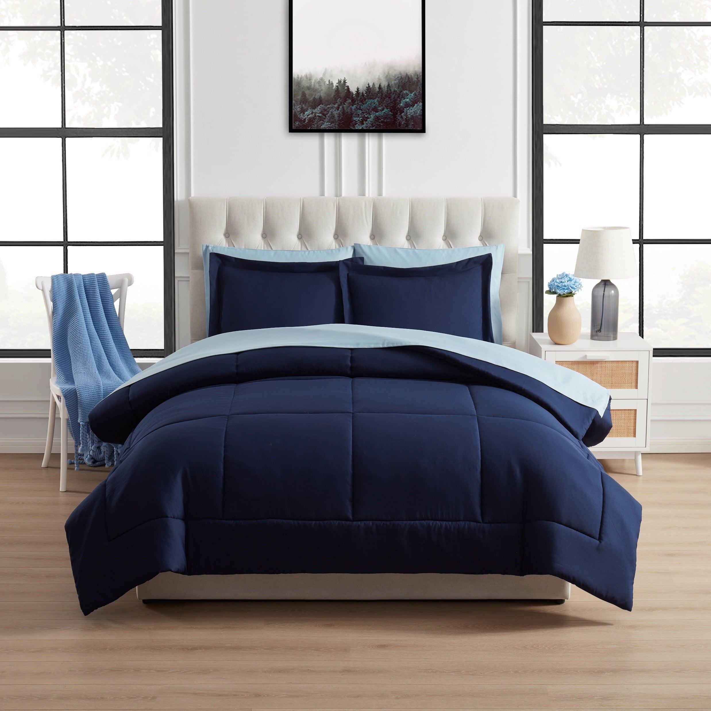 Mainstays All in One Reversible Comforter and Sheet Set- 7 Piece, Queen, Blue Pinstripe