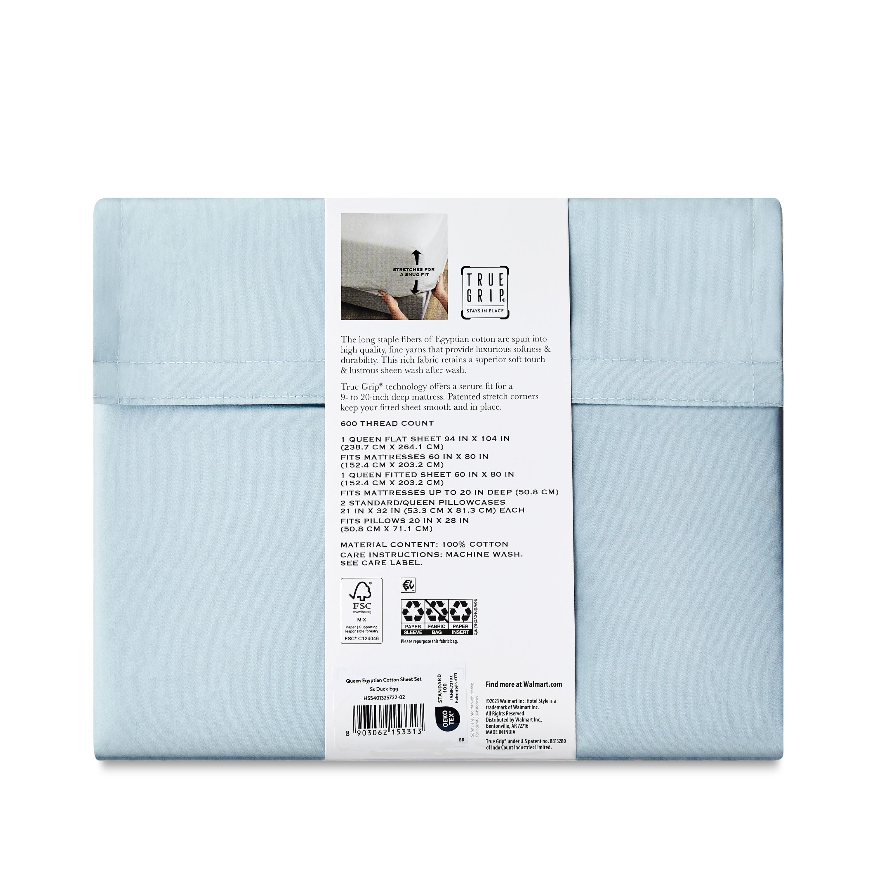 Hotel Style 4-Piece 600 Thread Count Blue Egyptian Cotton Adult Bed Sheet Set, Queen - Deep Pocket