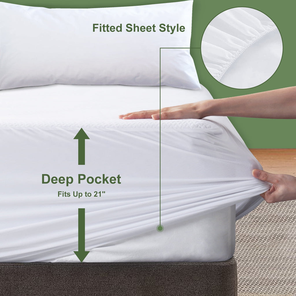 EMONIA Premium 100% Waterproof Mattress Protector Queen Size 3D Air Fabric Cooling Mattress Cover Bed Pad Smooth Ultra-Soft Breathable Noiseless Washable with 8''-21'' Deep Pocket (White, Queen)