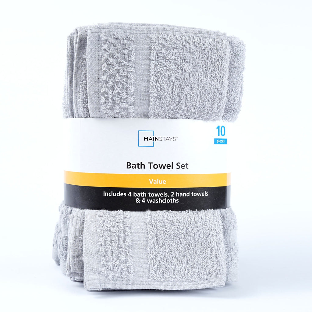 Mainstays 10 Piece Towel Set with Upgraded Softness & Durability, Grey